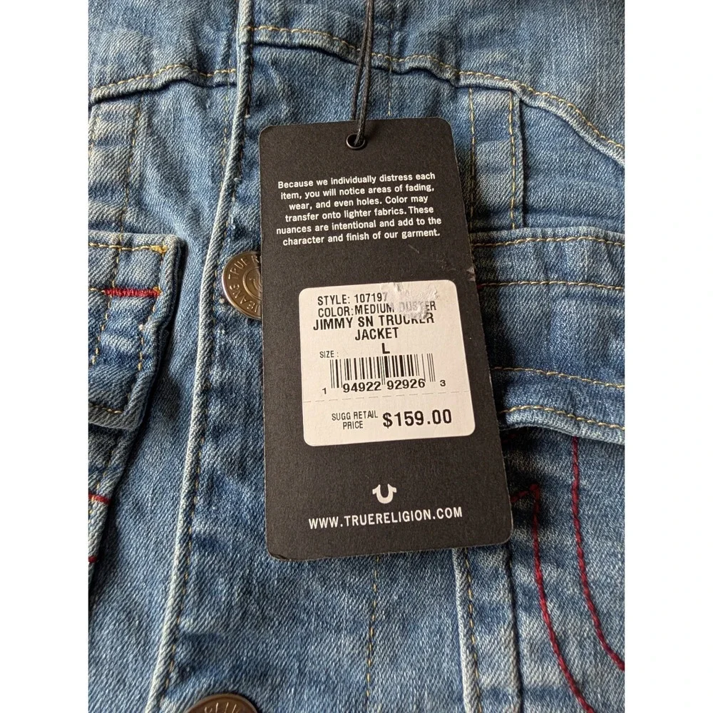 True Religion Men's Blue Denim Trucker Jacket Logo Back Pockets Sz Lrg NWT